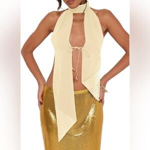 MakeMeChic Halter Tie Front Backless Top Y2K Club Party Beige Size M